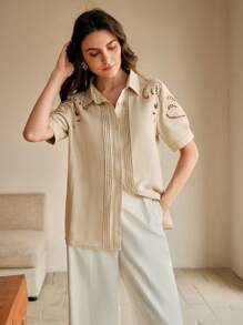 Anewsta 优雅通勤亚麻编织镂空刺绣条纹领短袖女衬衫，春夏 - 卡其色 - 查看 4