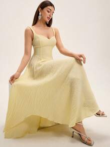 SHEIN Unity Nuevo vestido elegante de estilo vacacional para mujer con diseño premium simplista, de unicolor, textura de tela, cuello en forma de corazón, cintura asimétrica estilizante, bajo alto y sin mangas, color amarillo bebé para el verano - Amarillo - Ver 5