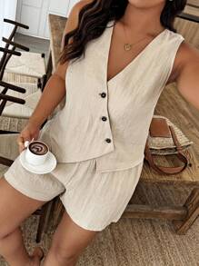 EMERY ROSE Bộ đồ thường ngày vest và quần short một hàng khuy đơn màu trơn cỡ lớn dành cho nữ - Màu be - Xem 5