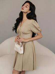 Heiryn Vestido corto de manga abullonada de color liso elegante para mujer, de verano