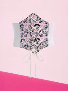 THE POWERPUFF GIRLS X SHEIN 1pc Women Blossom, Bubbles, Buttercup Pattern Waist Corset Belt, Versatile For Daily Wear - White - View 1