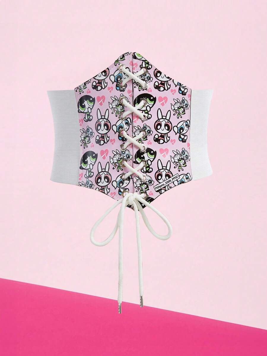 THE POWERPUFF GIRLS X SHEIN 1pc Women Blossom, Bubbles, Buttercup Pattern Waist Corset Belt, Versatile For Daily Wear - White - View 1