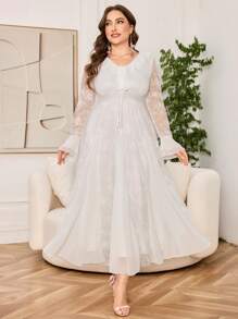 Modelyn 大码女式优雅蕾丝雪纺拼布连衣裙 - 白色 - 查看 3