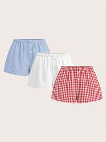 SHEIN PETITE Women's Casual 3pcs/Set Summer Casual Versatile Fashionable Multicolor Woven Shorts ,Spring / Summer,For Dailywear - Multicolor - View 2