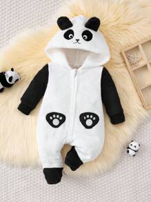 SHEIN 新生儿可爱熊猫耳朵刺绣图案连脚睡衣，婴儿连体衣家居服 - 黑色 - 查看 4