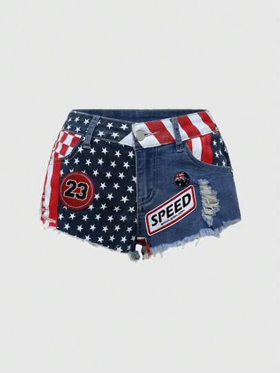 ROMWE Avant سروال قصير جينز ممزق منخفض الخصر مزين بلوحة علم أمريكا المرقعة لحجم كبير
