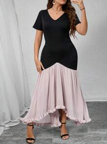 Modelyn Plus Size Women's V-Neck Short Sleeve Contrast Color Ruffle Hem Elegant Dress