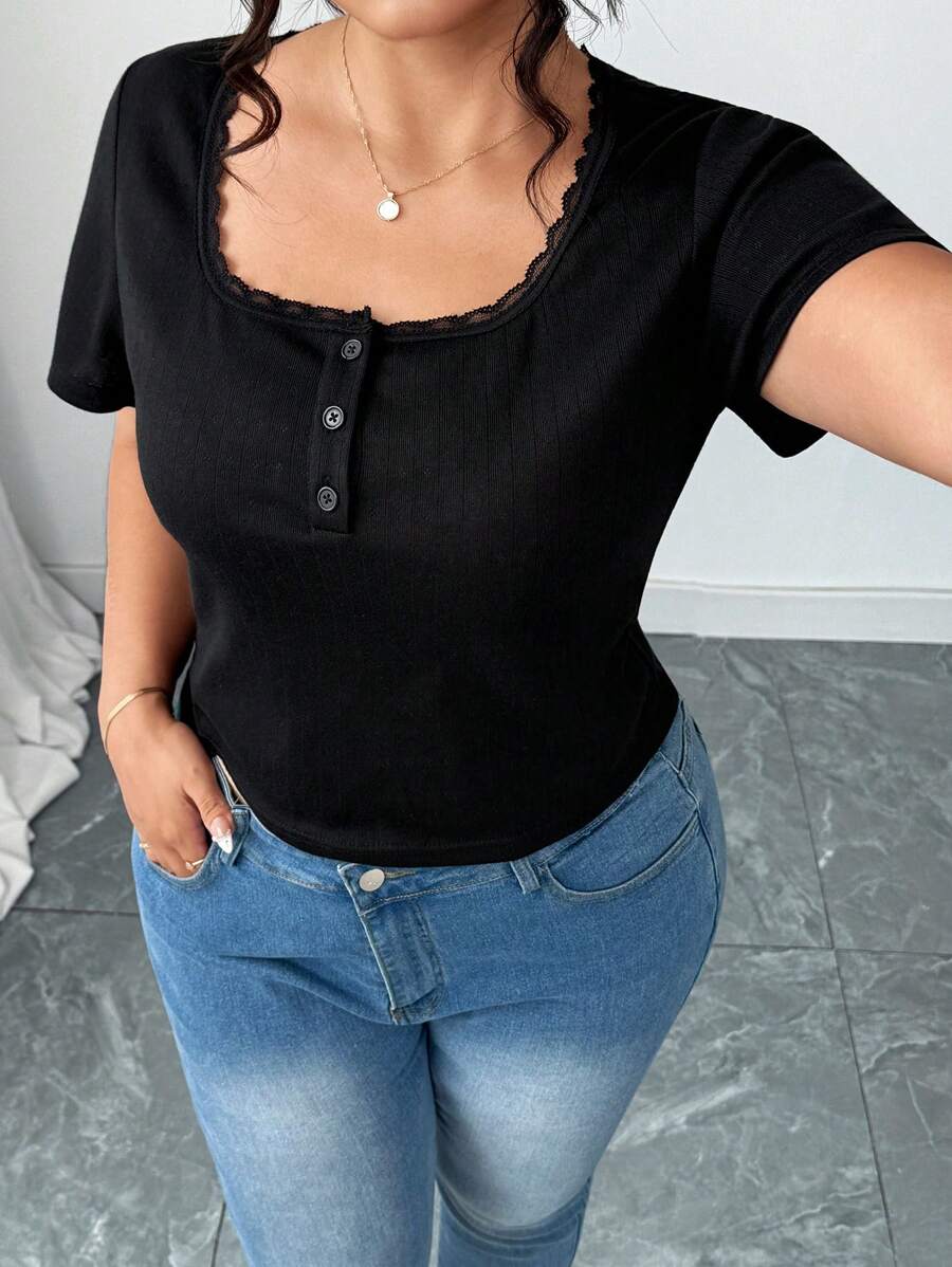 Elenzga Plusstorlek Sommar Casual Enfärgad Spetskant Kortärmad T-shirt - Svart - Visa 1