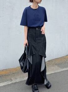 FRIFUL Women's Summer Letter Embossed Casual Round Neck Short Sleeve T-Shirt - Navy Blue - View 2