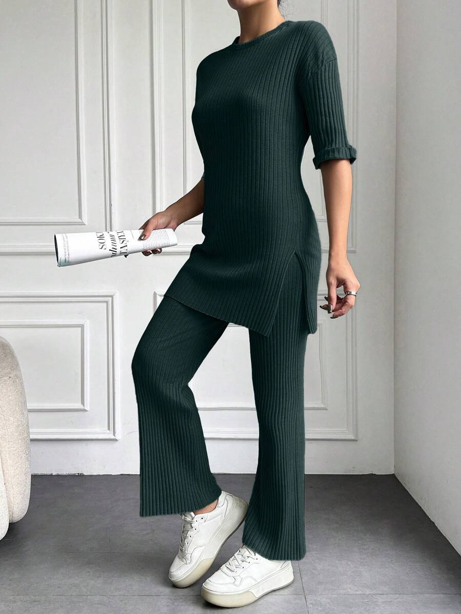 EURMUSE 100%Cotton Drop Shoulder Tee & Pants - Green - View 1