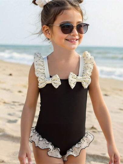 Girls' Solid Black Bow Ruffle One-Piece Swimsuit, Cute For Beach, Summer Resort Summer Holiday
