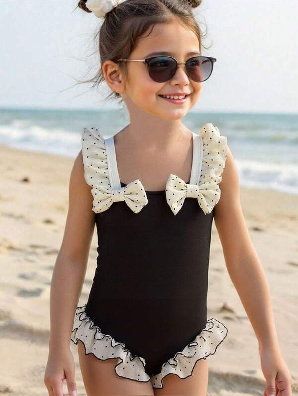 Girls' Solid Black Bow Ruffle One-Piece Swimsuit, Cute For Beach, Summer Resort