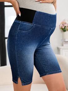 SHEIN Maternity Comfy Washed Denim Shorts With Pockets And Side Slits - Dark Wash - View 2
