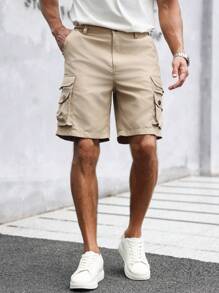 Manfinity Homme Men's Solid Color Utility Pocket Relaxed Casual Shorts Men Shorts Cargo - Khaki - View 5