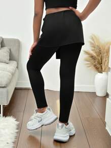 SHEIN Camisa con nudo adelante y leggings casuales y deportivos de corte slim para niñas preadolescentes, de vuelta al colegio