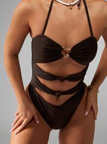 MISSGUIDED Summer Beach Monokini One Piece Swimsuit Cut Out Halter Neck High Rise Design Metal Ring Detail Ruched Coverage Elegant Bathing Suit - Coffee Brown - View 5