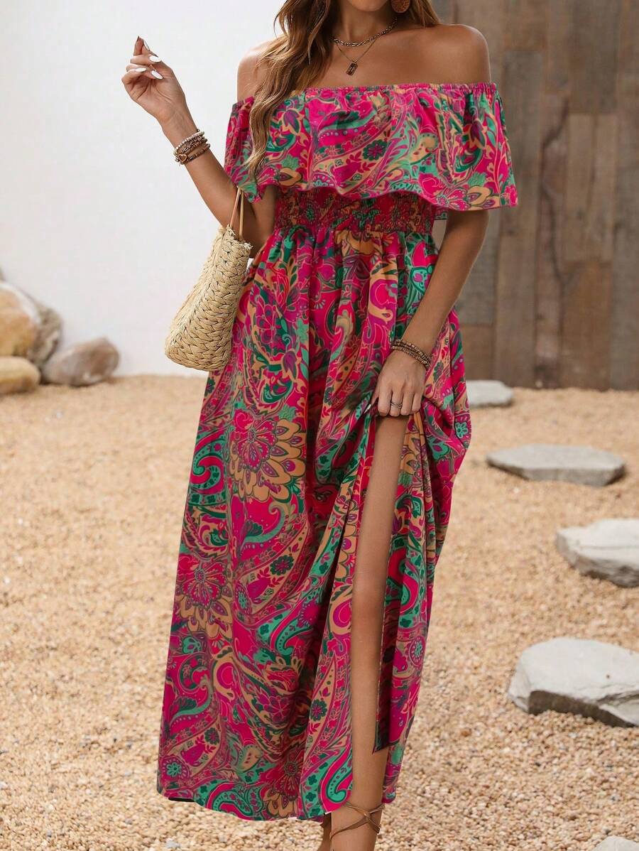 Breezaya Women's Flora Print Off Shoulder High-Low Hem Dress With Ruffle Trim Maxi Vacation Beach Outfit - Multicolor - View 1