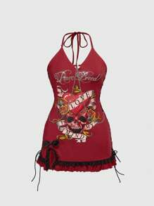 ROMWE J-Fashion Váy ngắn in hình đầu lâu và hoa hồng Y2K Babe cỡ lớn - Đỏ - Xem 1