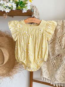 SHEIN Vintaside Kids Bộ áo liền thân cho bé gái kiểu cổ điển, thanh lịch, ngọt ngào, in họa tiết hoa cúc và kẻ caro, phù hợp cho bé từ 6 tháng đến 3 tuổi, mặc hàng ngày, hoạt động ngoài trời, kỳ nghỉ, chụp ảnh. - Màu vàng - Xem 1