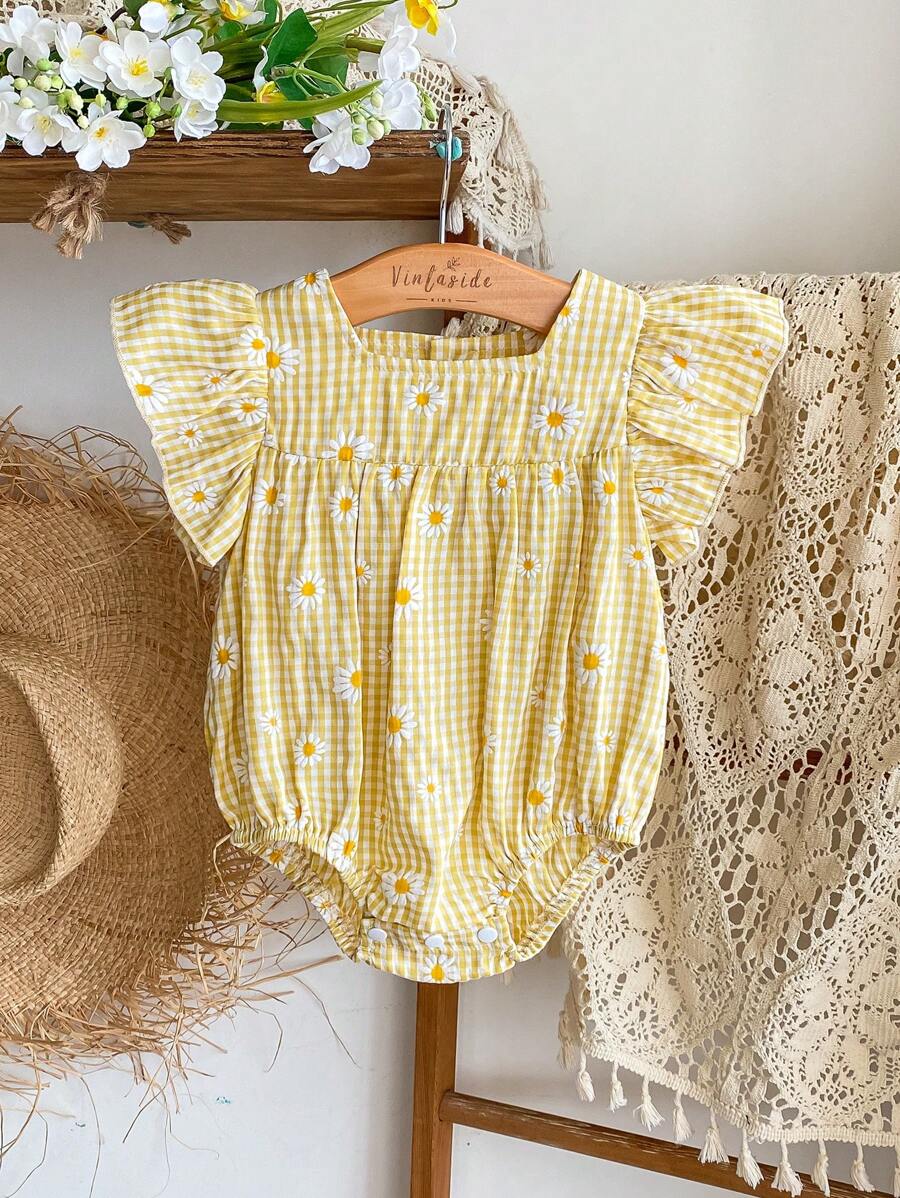 SHEIN Vintaside Kids Bộ áo liền thân cho bé gái kiểu cổ điển, thanh lịch, ngọt ngào, in họa tiết hoa cúc và kẻ caro, phù hợp cho bé từ 6 tháng đến 3 tuổi, mặc hàng ngày, hoạt động ngoài trời, kỳ nghỉ, chụp ảnh. - Màu vàng - Xem 1