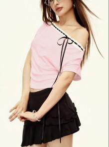 Rina Fox 女士系带设计不对称领口短袖时尚T恤，夏季