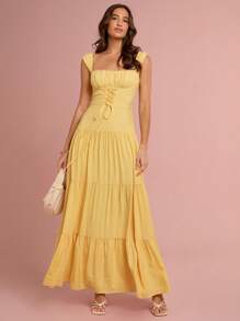 Enchnt Vestido largo de mujer romántico, sin mangas, de cuello cuadrado con tirantes cruzados, de color amarillo sol, para primavera/verano, dulce y elegante para vacaciones, citas, días festivos, fiestas, graduaciones, invitadas de boda, playa, bailes de graduación, vestidos de verano para mujeres, ropa de verano, vestidos elegantes de mujer, vestidos elegantes para fiestas