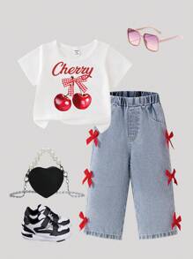 SHEIN Playful Pals 女婴夏季可爱粉色蝴蝶结樱桃印花短袖上衣和做旧蝴蝶结牛仔裤套装