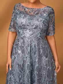 Serin Large Size Elegant Romantic Gorgeous Gray Blue Sequin Embroidery Round Neck Three-Quarter Sleeves A-Line Hem Medium Long Suitable For Dinner Bachelorette Party Date Dance Holiday Music Festival Wedding Event Evening Dress Bride Mother Dress Tea Party Dress