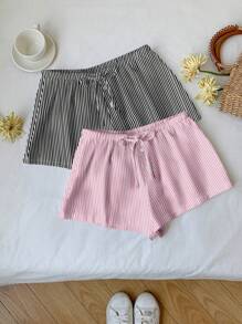 Comfortcana 2 件套女士黑白、粉白条纹休闲纽扣蝴蝶结细节短裤套装，适合夏季 - 彩色 - 查看 5