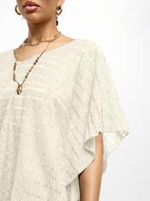 SUMWON WOMEN V Neck Off Shoulder Slouchy Knit Cover Up Ladder Stitching Resort Beach Pool Swimsuit Cover Up Swim Poncho Resort Top Outdoor Summer Beachwear - Cream - View 8