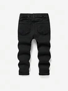 SHEIN 男童休闲破洞修身牛仔裤 - 黑色 - 查看 2