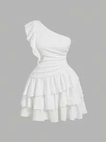 SHEIN MOD 大码女式不对称肩袖短款连衣裙 - 白色 - 查看 1