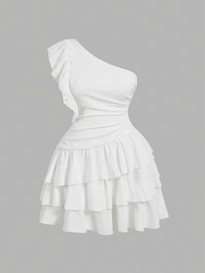 SHEIN MOD Plus Size Women Asymmetric Shoulder Cap Sleeve Short Dress,Birthday Dresses For Women Women Dresses Birthday,Sun Dresses For Women,Sundress