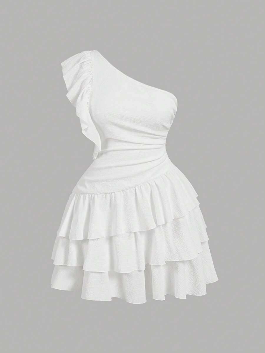 SHEIN MOD 大码女式不对称肩袖短款连衣裙 - 白色 - 查看 1