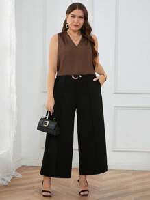 Firerie 加大码褶皱后背背心，V 领，长款，宽松版型，卡其色和香槟色，极简主义，适合通勤和时尚女士加大码服装正式女士夏季服装女士休闲连衣裙女士夏季衬衫夏季服装 - 棕色 - 查看 6