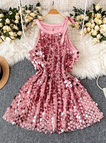 Rometta 加大码无袖露背夏季亮片装饰中长款派对连衣裙，时尚设计 - 粉色 - 查看 3