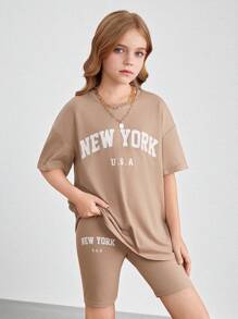 SHEIN 2 件套青少年女孩休闲字母印花宽松短袖 T 恤和骑行短裤套装 - 卡其色 - 查看 6