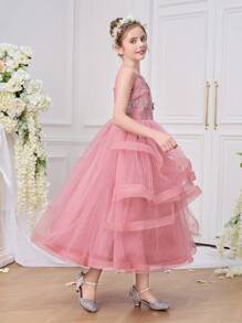 Tween Girl Long Embroidered Layered Ruffled Hem Tutu Dress With Round Neck, Pink, Suitable For Wedding, Party, Birthday, Events - Dusty Pink - View 4