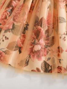 Young Girl Floral Print Mesh Panel Spaghetti Strap Vacation Dress