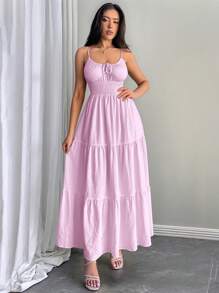 Firerie 女士黄色系带褶皱抽绳腰部 A 字连衣裙，适合通勤、优雅、性感、度假、海滩、夏威夷、浪漫、约会、情人节、音乐会、婚礼季节 - 紫丁香色 - 查看 3