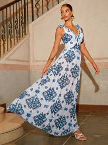 Swim Oasis 1pc/2pcs Set Paisley Print & Twisted Strap One-Piece Swimsuit With Flared Design For Summer Beach Vacation - Blue and White - View 7