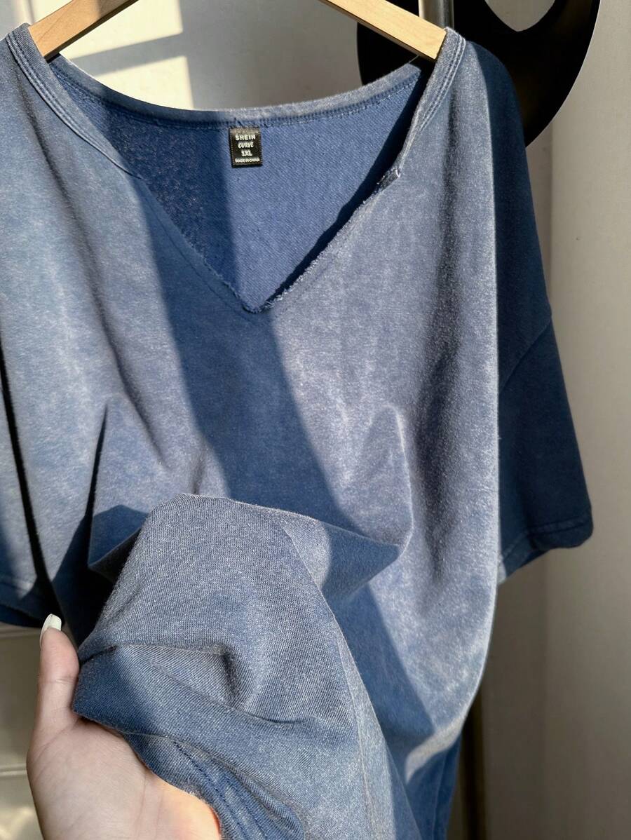 Comfortcana Plus Size Acid Wash Blue Loose V-Neck T-Shirt, Cotton Fabric, Suitable For Spring/Summer - Blue - View 1
