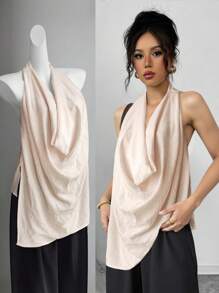 SHEIN Unity Women's Draped Neck Halter Tank Tops,Peach Pink Summer Elegant Brunch Boho Backless Asymmetrical Western Wear Concert Vacation Beach Party - Apricot - View 3