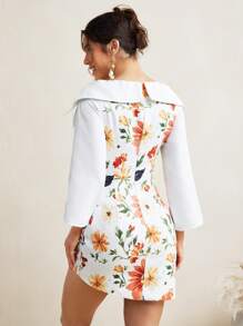 Sara Mezzanotti Spring Summer Floral Printed Double Breasted Off-Shoulder Suit Dress Mini Dress - Multicolor - View 2