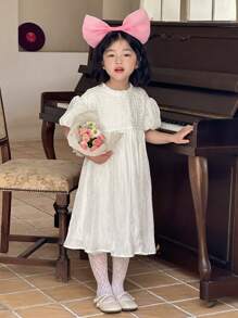 DAZY Đầm midi tay bồng cổ tròn bằng vải satin dễ thương cho tiệc sinh nhật, trang phục mùa hè cho bé gái - Màu be - Xem 4