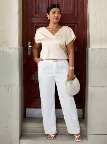 Cravure Plus Size Solid Color V-Neck Summer Casual Fashion Short Sleeve Shirt - Apricot - View 7