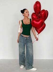 Flirla Spitzen-Patchwork Ausschnitt grünes Trägertop für Frauen, Valentinstag