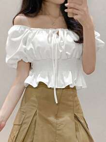 DAZY 短款收腰泡泡袖女式衬衫，娃娃装上衣 - 白色 - 查看 6