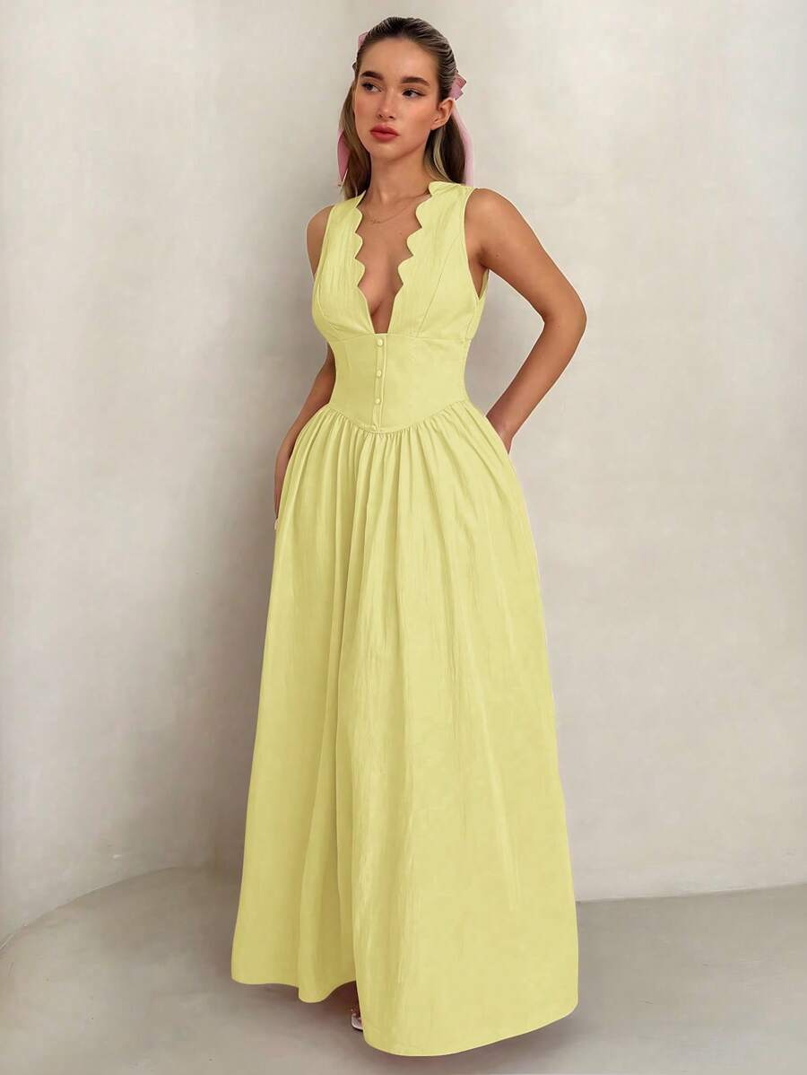 Glamine Vestido sin mangas con vuelo en el bajo, cuello en V con estampado floral, estilo bohemio, adecuado para la playa y el resort de verano - Amarillo claro - Ver 1