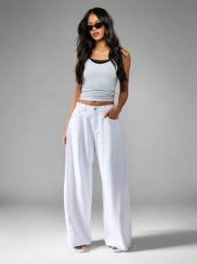 MISSGUIDED Relaxed Wide Leg Palazzo Style Denim Bottoms Trousers With Side Pockets Contemporary Design Breathable Everyday Bottoms Summer Spring Fashion